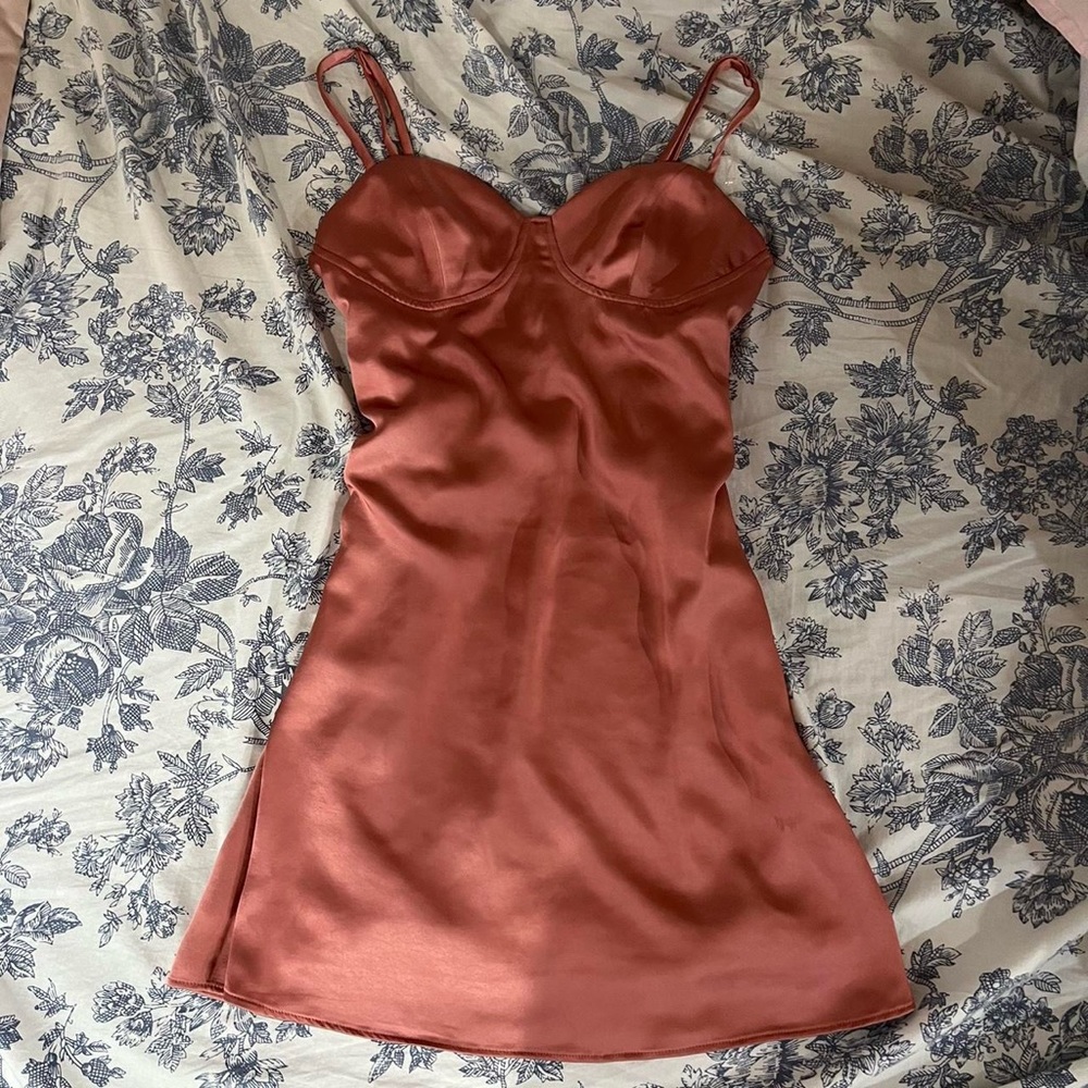 rusty pink satin mini babydoll dress